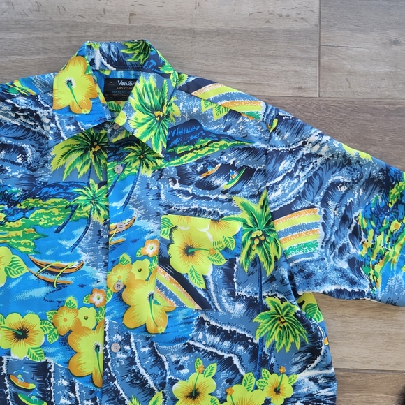 Vintage Van Cort Hawaiian Shirt Button Down Blue Floral Surf Waves M Polyester - Picture 2 of 5